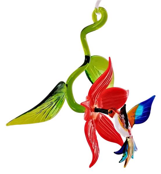 Kolibri in Blüte mit Blatt, hängend (Blüte:rot / Kolibri:braun-hellblau-blau)